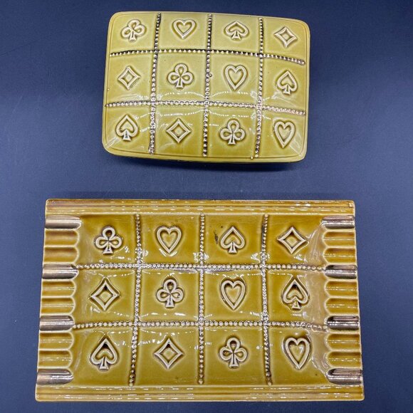 Vintage Cigarette Box Ashtray Set Mid Century Ceramic Card Suits Yellow Gold 60s - Picture 2 of 9